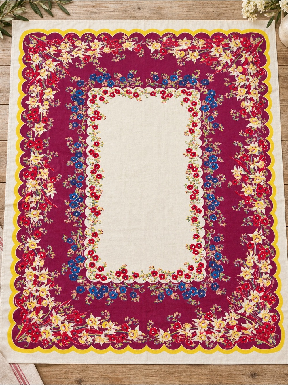 Vintage Floral Cotton Tablecloth Burgundy Yellow Blue Rectangular 50”x 62”